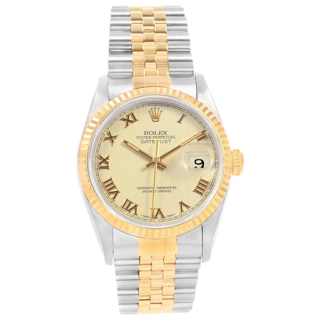 This image shows a Rolex Datejust 16233 Men
s Steel and Gold (two tone) Champagne Dial 16233 Men
s Steel and Gold (two tone) Champagne Dial watch from a straight-on angle, highlighting its dual-tone bracelet, dial, bezel, and date display.