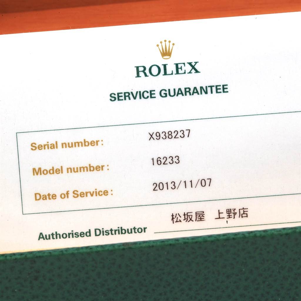 The image shows a Rolex Service Guarantee card for a Datejust model 16233 with serial number X938237.