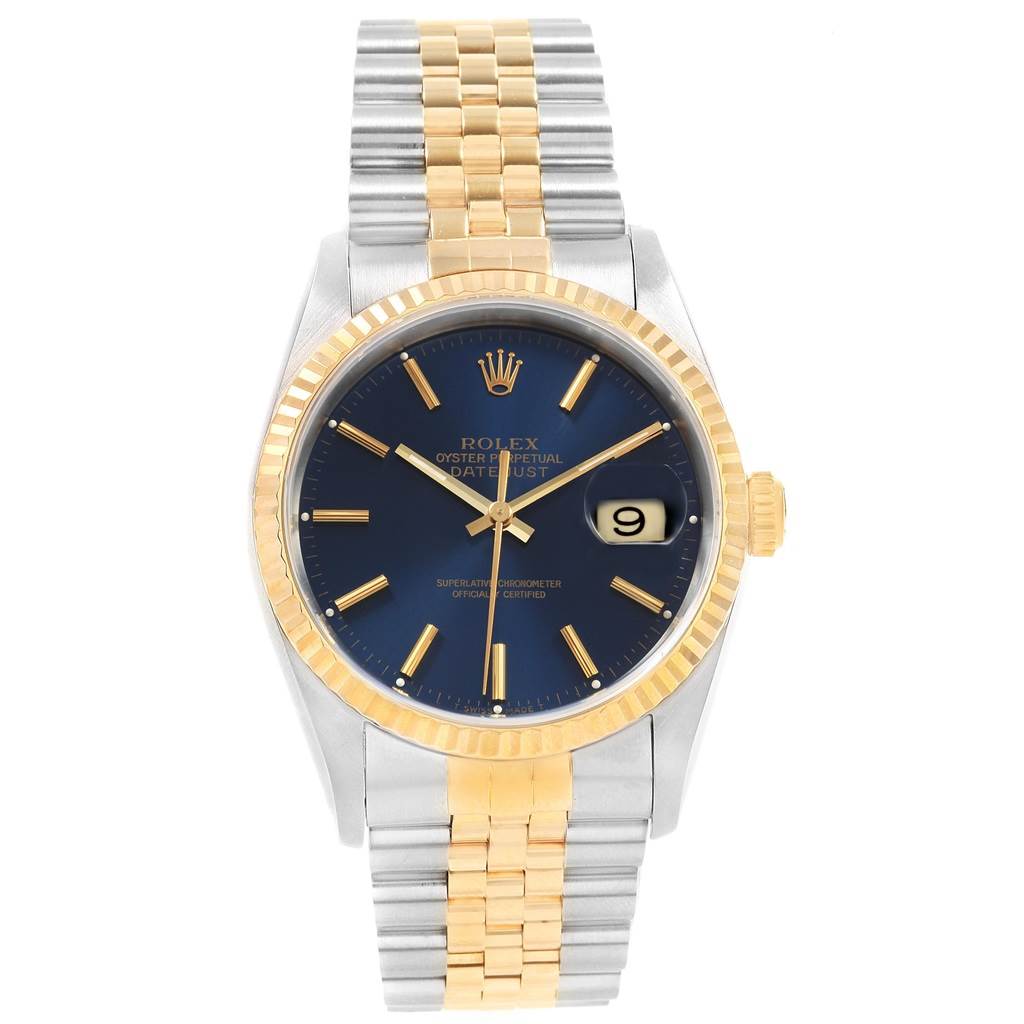 This image shows a Rolex Datejust 16233 Men's Steel and Gold (two tone) Blue Dial 16233 Men's Steel and Gold (two tone) Blue Dial watch from the front, displaying its face, bezel, and bracelet.
