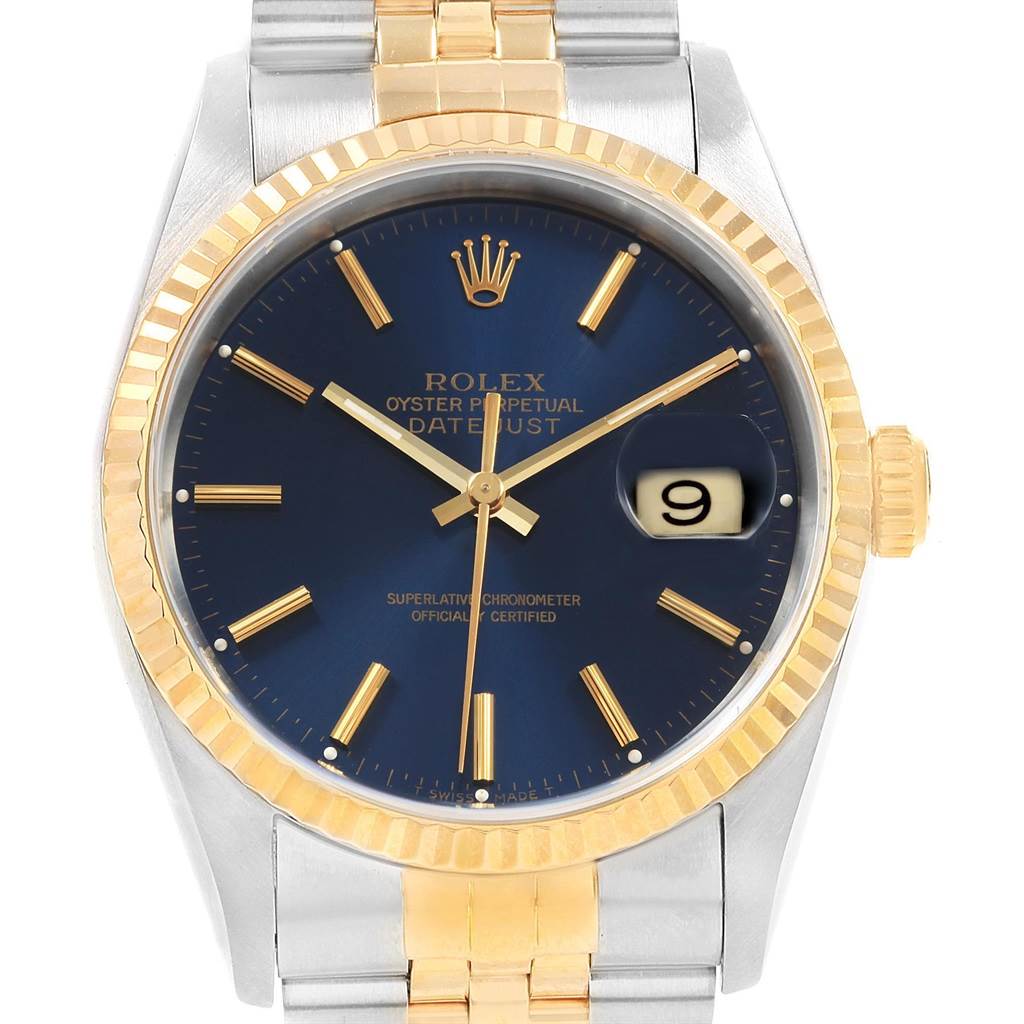 This image shows a front view of the Rolex Datejust 16233 Men's Steel and Gold (two tone) Blue Dial 16233 Men's Steel and Gold (two tone) Blue Dial watch with a blue dial and gold detailing.