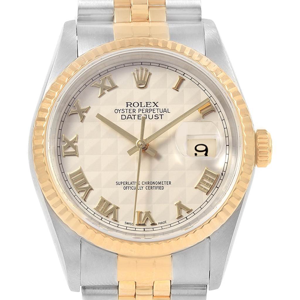 The image shows a close-up of a Rolex Datejust 16233 Men's Steel and Gold (two tone) Beige Dial 16233 Men's Steel and Gold (two tone) Beige Dial watch, highlighting the face, bezel, and part of the bracelet.