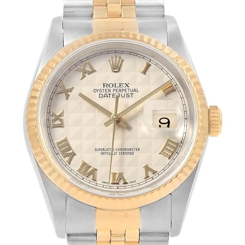 Rolex Datejust Steel Yellow Gold Ivory Pyramid Dial Mens Watch 16233 SwissWatchExpo