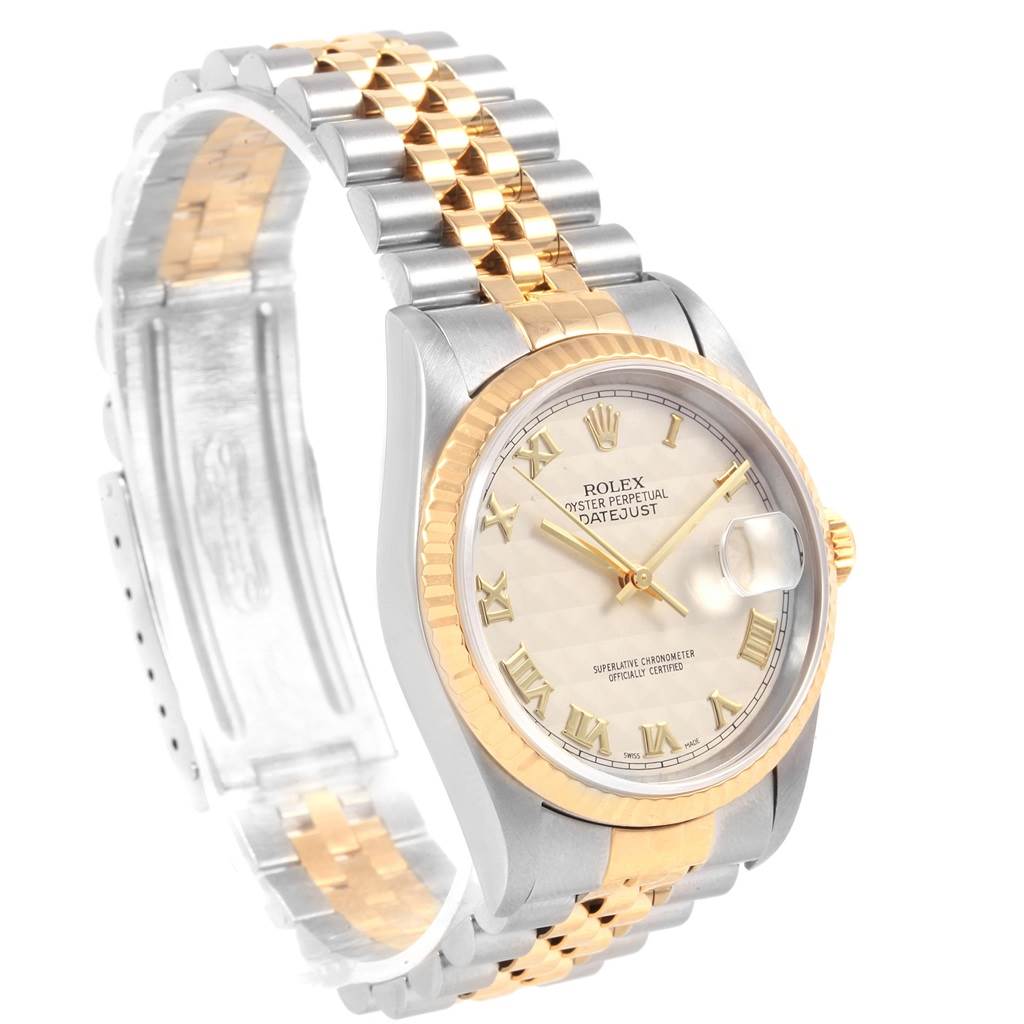 The image shows a Rolex Datejust 16233 Men's Steel and Gold (two tone) Beige Dial 16233 Men's Steel and Gold (two tone) Beige Dial watch at an angle highlighting its dial, bezel, bracelet, and crown.