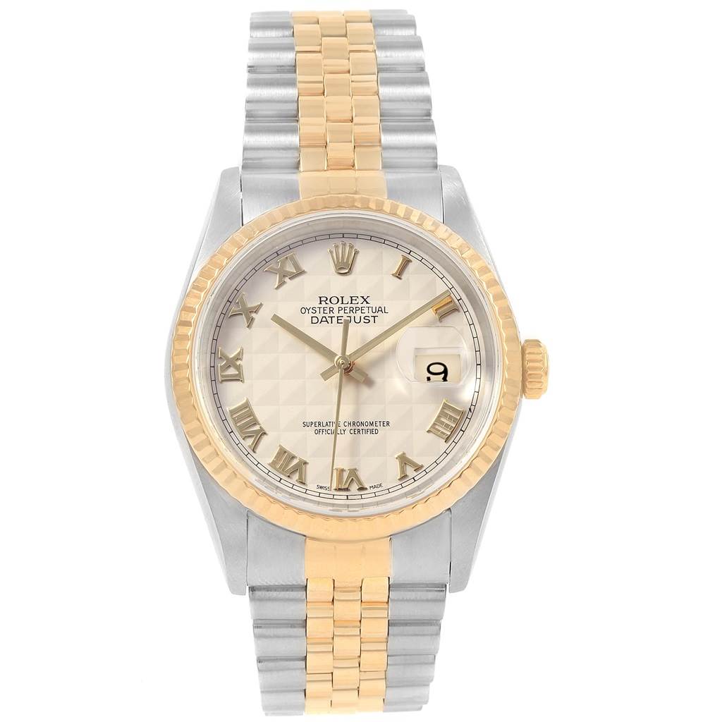 This image shows the Rolex Datejust 16233 Men's Steel and Gold (two tone) Beige Dial 16233 Men's Steel and Gold (two tone) Beige Dial watch from a front view, featuring the dial, bezel, and two-tone bracelet.