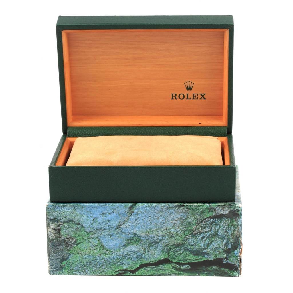 The image shows a Rolex Datejust 16233 Men's Steel and Gold (two tone) Beige Dial 16233 Men's Steel and Gold (two tone) Beige Dial watch box with an open lid, revealing a suede cushion inside.