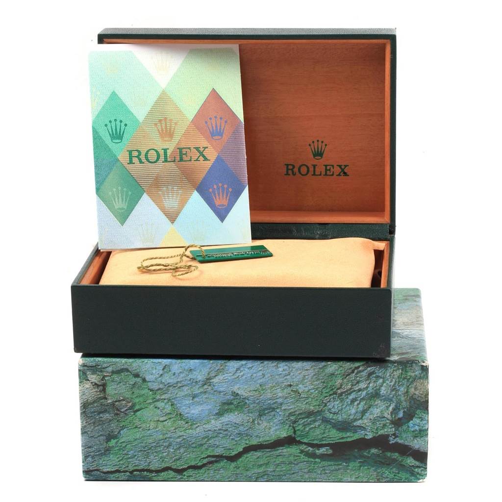 The image displays the box and accessories of a Rolex Datejust 16203 Men's Steel and Gold (two tone) Black Dial 16203 Men's Steel and Gold (two tone) Black Dial, including the outer packaging, inner box, tag, and booklet.