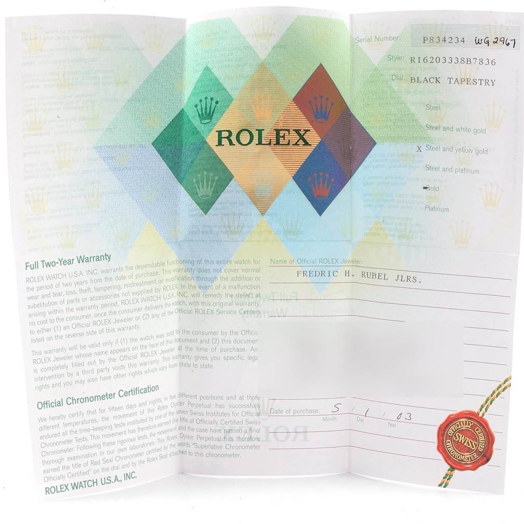 This image shows the warranty and certification booklet for the Rolex Datejust 16203 Men's Steel and Gold (two tone) Black Dial 16203 Men's Steel and Gold (two tone) Black Dial model.