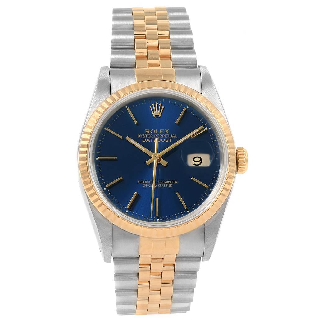 The image shows a front view of a Rolex Datejust 16233 Men's Steel and Gold (two tone) Blue Dial 16233 Men's Steel and Gold (two tone) Blue Dial model watch, featuring a blue dial, gold accents, and a two-tone bracelet.