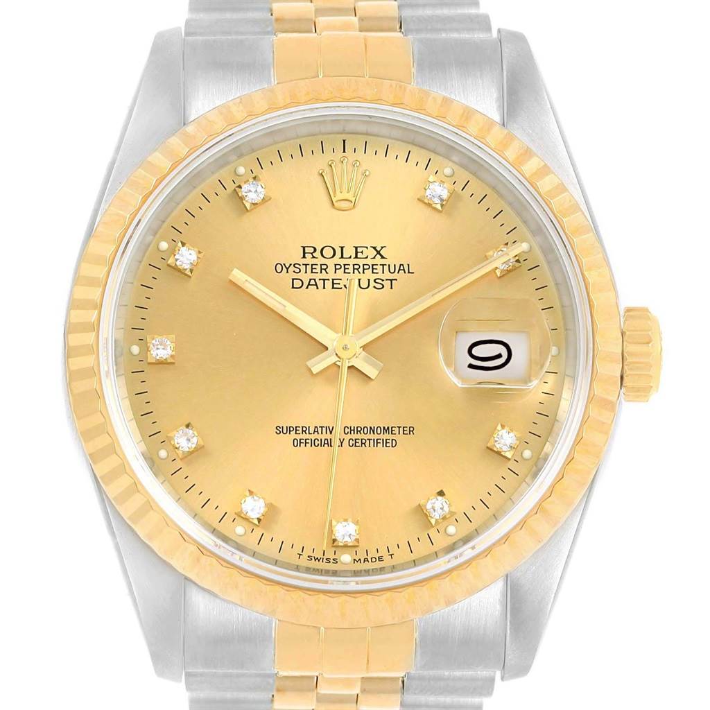 This image shows a frontal view of a Rolex Datejust 16233 Men's Steel and Gold (two tone) Champagne Dial 16233 Men's Steel and Gold (two tone) Champagne Dial watch, highlighting its gold dial, date window, and two-tone bracelet.