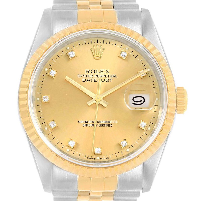 Rolex Datejust 36 Steel 18K Yellow Gold Diamond Dial Mens Watch 16233 SwissWatchExpo