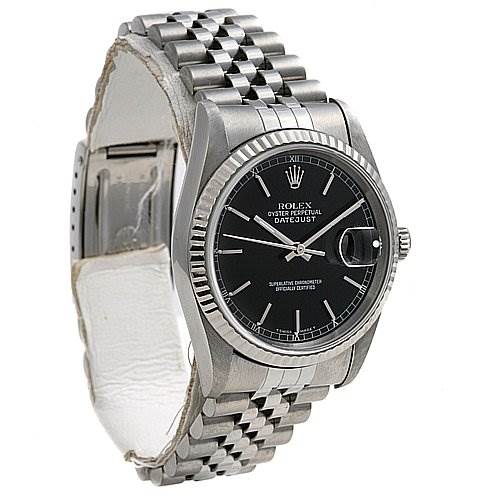 The Rolex Datejust 16234 Men's Stainless Steel Black Dial 16234 Men's Stainless Steel Black Dial watch is shown at an angled side view, highlighting its case, bezel, dial, and jubilee bracelet.
