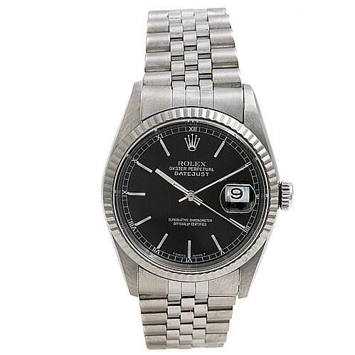 This image shows a front view of a Rolex Datejust 16234 Men's Stainless Steel Black Dial 16234 Men's Stainless Steel Black Dial watch, displaying its black dial, date window, and stainless steel bracelet.