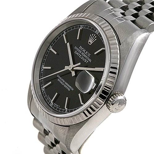 The Rolex Datejust 16234 Men's Stainless Steel Black Dial 16234 Men's Stainless Steel Black Dial watch is shown at a slight side angle displaying the dial, fluted bezel, and part of the jubilee bracelet.