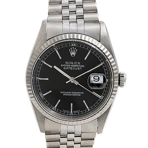 This image shows a front view of a Rolex Datejust 16234 Men's Stainless Steel Black Dial 16234 Men's Stainless Steel Black Dial watch, highlighting the dial, bezel, and bracelet.