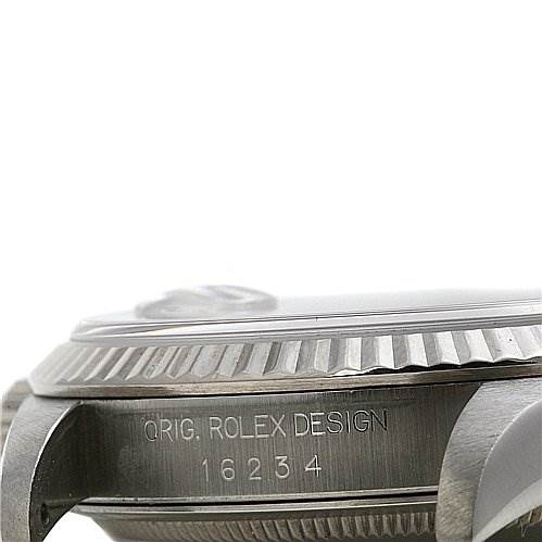 The image shows a close-up side view of the Rolex Datejust 16234 Men's Stainless Steel Black Dial 16234 Men's Stainless Steel Black Dial watch case, highlighting the bezel and the engraved serial number "16234".