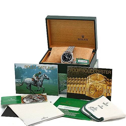 The image shows a Rolex Datejust 16234 Men's Stainless Steel Black Dial 16234 Men's Stainless Steel Black Dial watch with its box, booklet, warranty card, and other accessories from an overhead angle.