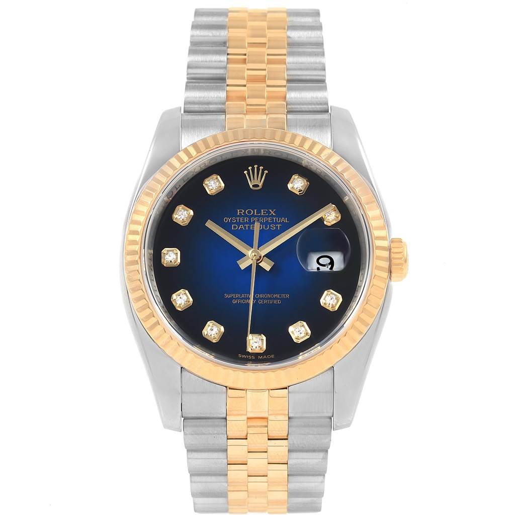 The image shows a frontal view of a Rolex Datejust 116233 Men's Stainless Steel Blue Dial 116233 Men's Stainless Steel Blue Dial watch with a blue dial, gold bezel, and two-tone bracelet.