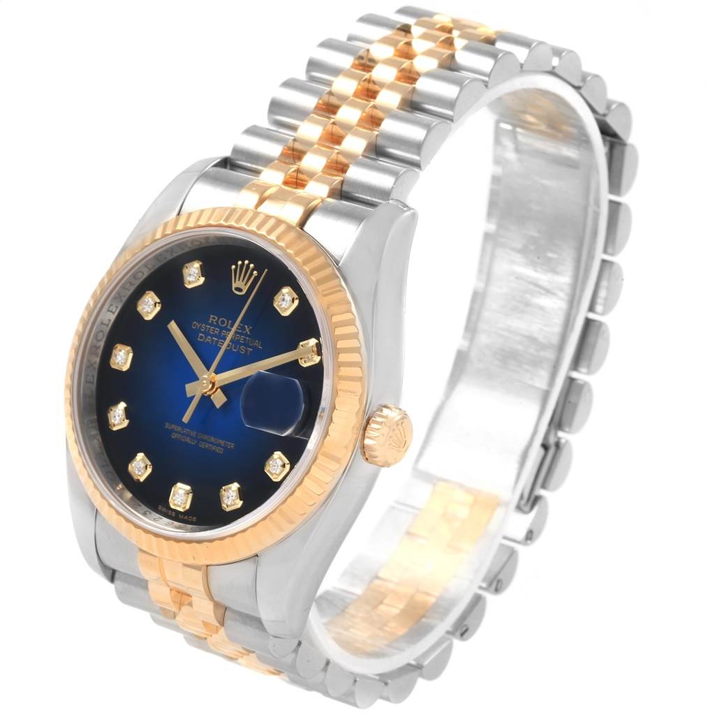 This image shows a Rolex Datejust 116233 Men's Stainless Steel Blue Dial 116233 Men's Stainless Steel Blue Dial watch at a 3/4 angle, highlighting its dial, bezel, crown, and two-tone bracelet.