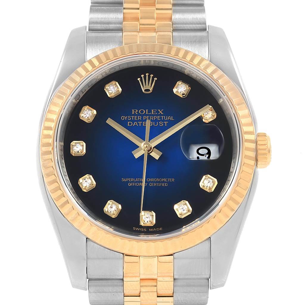 The image shows a Rolex Datejust 116233 Men's Stainless Steel Blue Dial 116233 Men's Stainless Steel Blue Dial watch from a front angle, highlighting the dial, hands, bezel, and a portion of the bracelet.