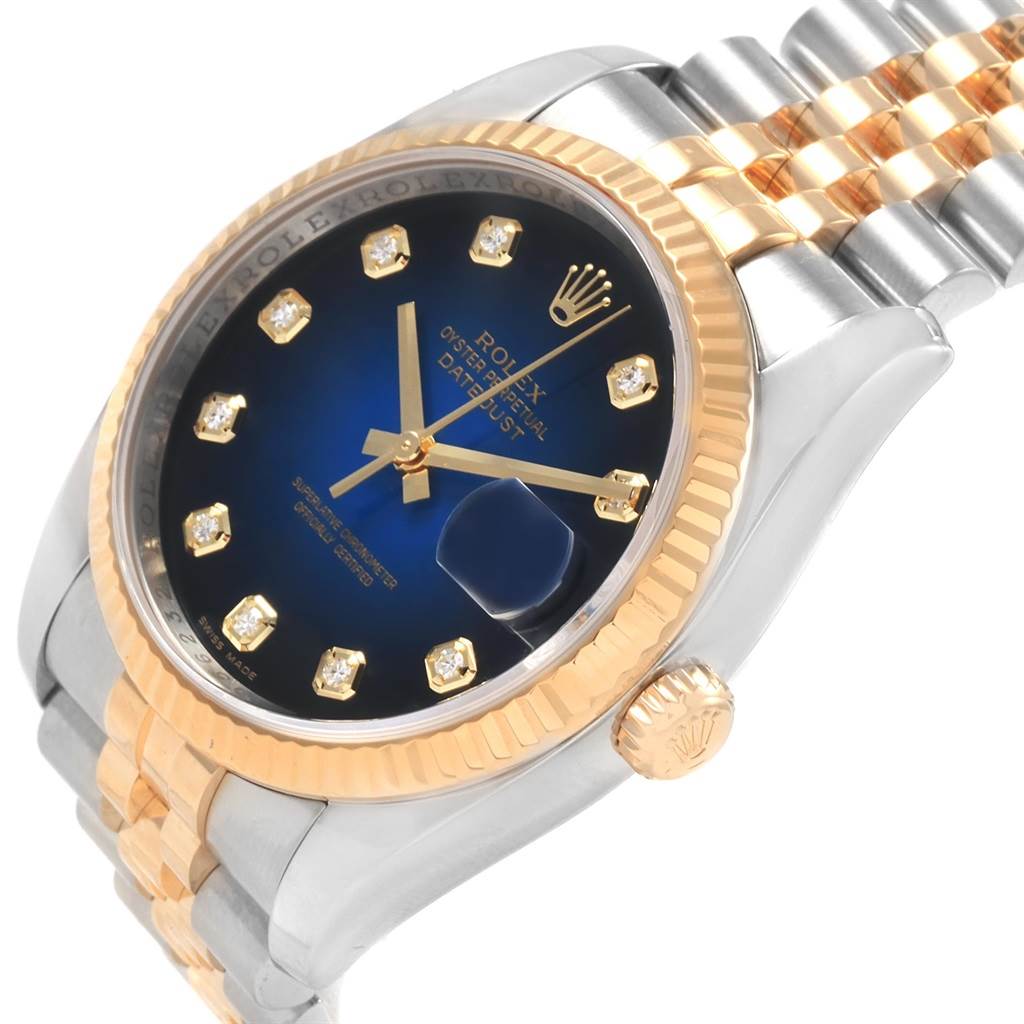 The image shows a close-up of the Rolex Datejust 116233 Men's Stainless Steel Blue Dial 116233 Men's Stainless Steel Blue Dial watch highlighting its blue dial, diamond hour markers, and two-tone bracelet.