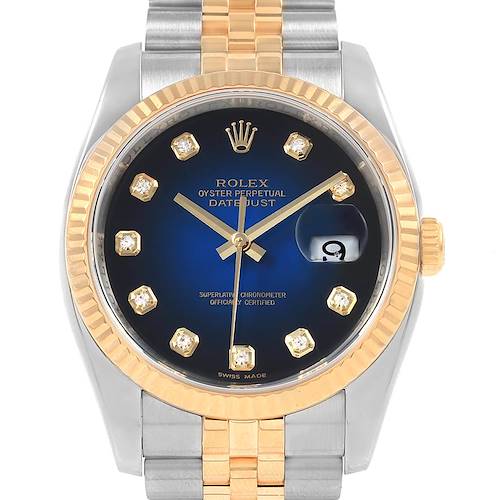 Photo of Rolex Datejust Steel Yellow Gold Blue Vignette Diamond Mens Watch 116233