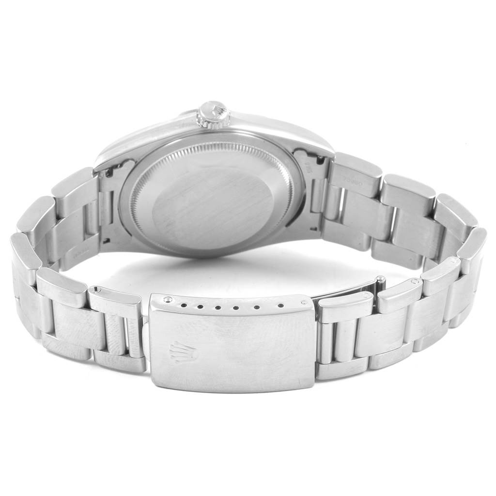 The image shows the back angle of a Rolex Datejust 16200 Men's Stainless Steel Silver Dial 16200 Men's Stainless Steel Silver Dial watch, highlighting the case back, bracelet, and clasp.