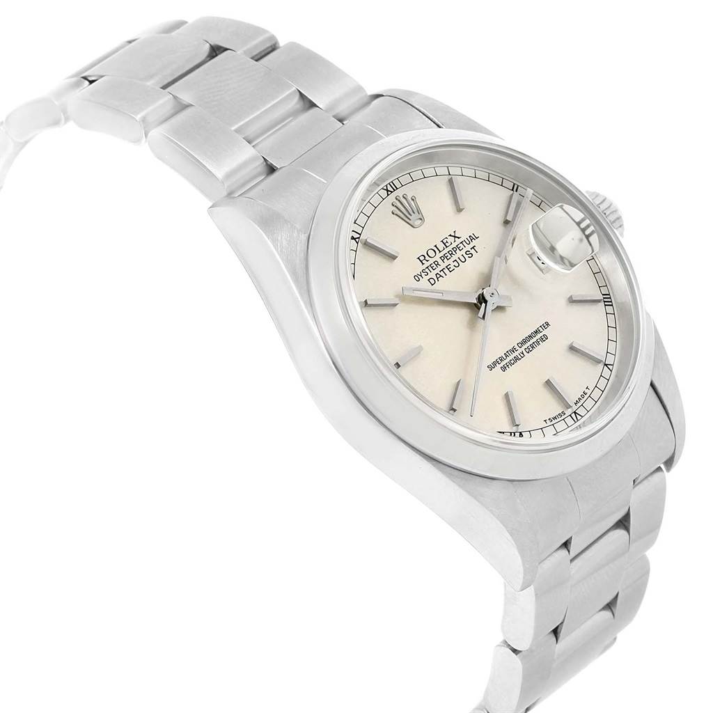 The image shows a Rolex Datejust 16200 Men's Stainless Steel Silver Dial 16200 Men's Stainless Steel Silver Dial watch at a three-quarter angle, highlighting its face, bezel, and steel bracelet.