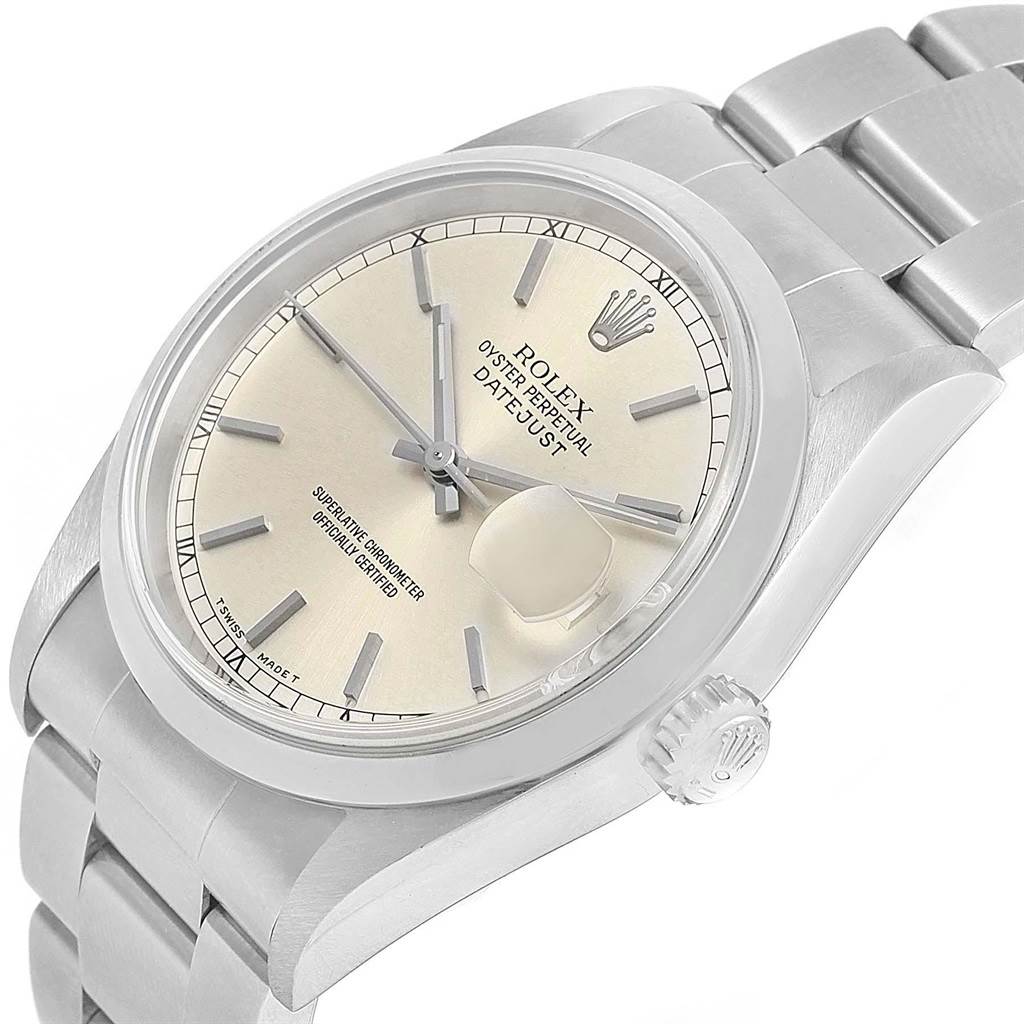 This image shows a close-up angled view of the Rolex Datejust 16200 Men's Stainless Steel Silver Dial 16200 Men's Stainless Steel Silver Dial watch, highlighting the dial, bezel, crown, and bracelet.