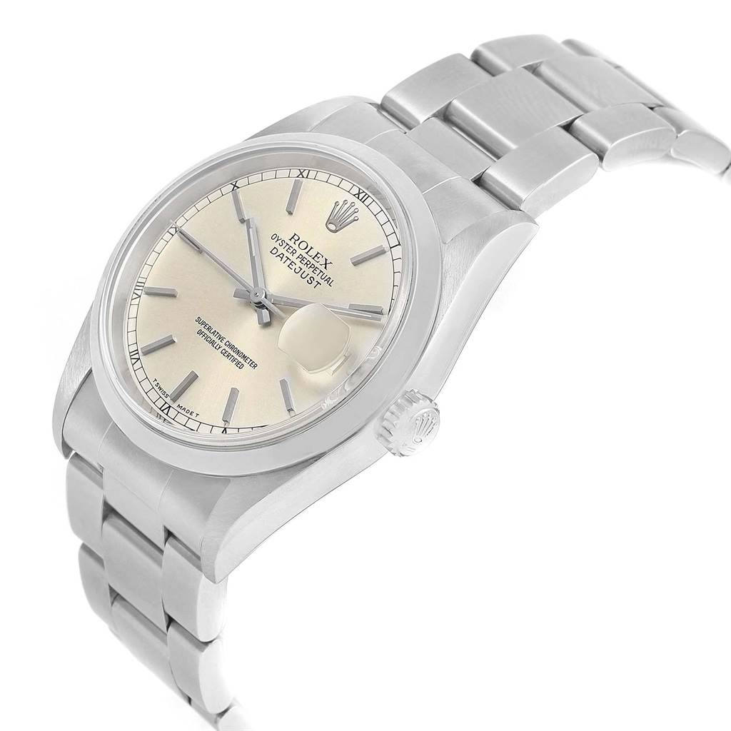 The image shows a Rolex Datejust 16200 Men's Stainless Steel Silver Dial 16200 Men's Stainless Steel Silver Dial watch at a side angle, highlighting the face, crown, and part of the bracelet.