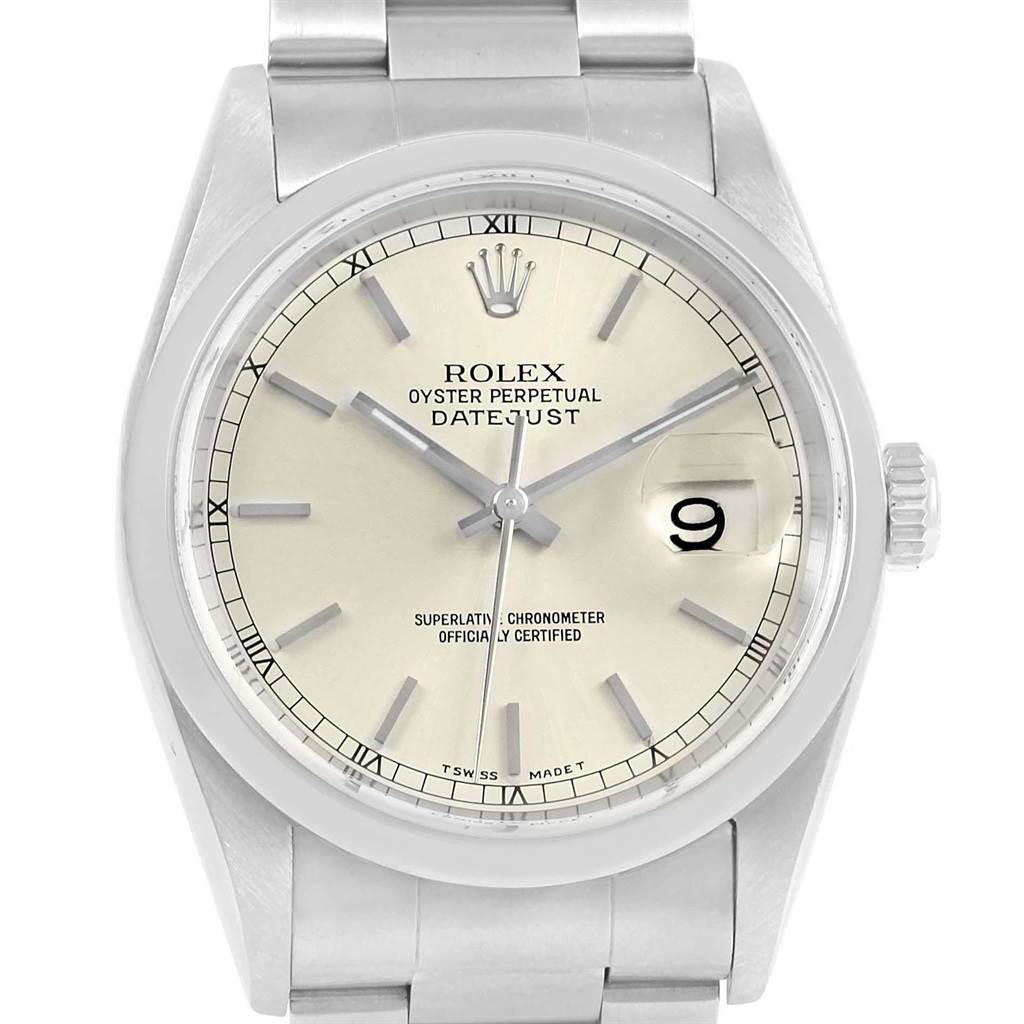 The Rolex Datejust 16200 Men's Stainless Steel Silver Dial 16200 Men's Stainless Steel Silver Dial watch is shown from a straight-on angle, displaying the dial, hands, date, and part of the bracelet.