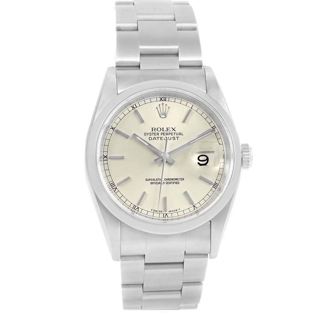 The Rolex Datejust 16200 Men's Stainless Steel Silver Dial 16200 Men's Stainless Steel Silver Dial model watch is shown from a front angle displaying the dial, bezel, crown, and bracelet.