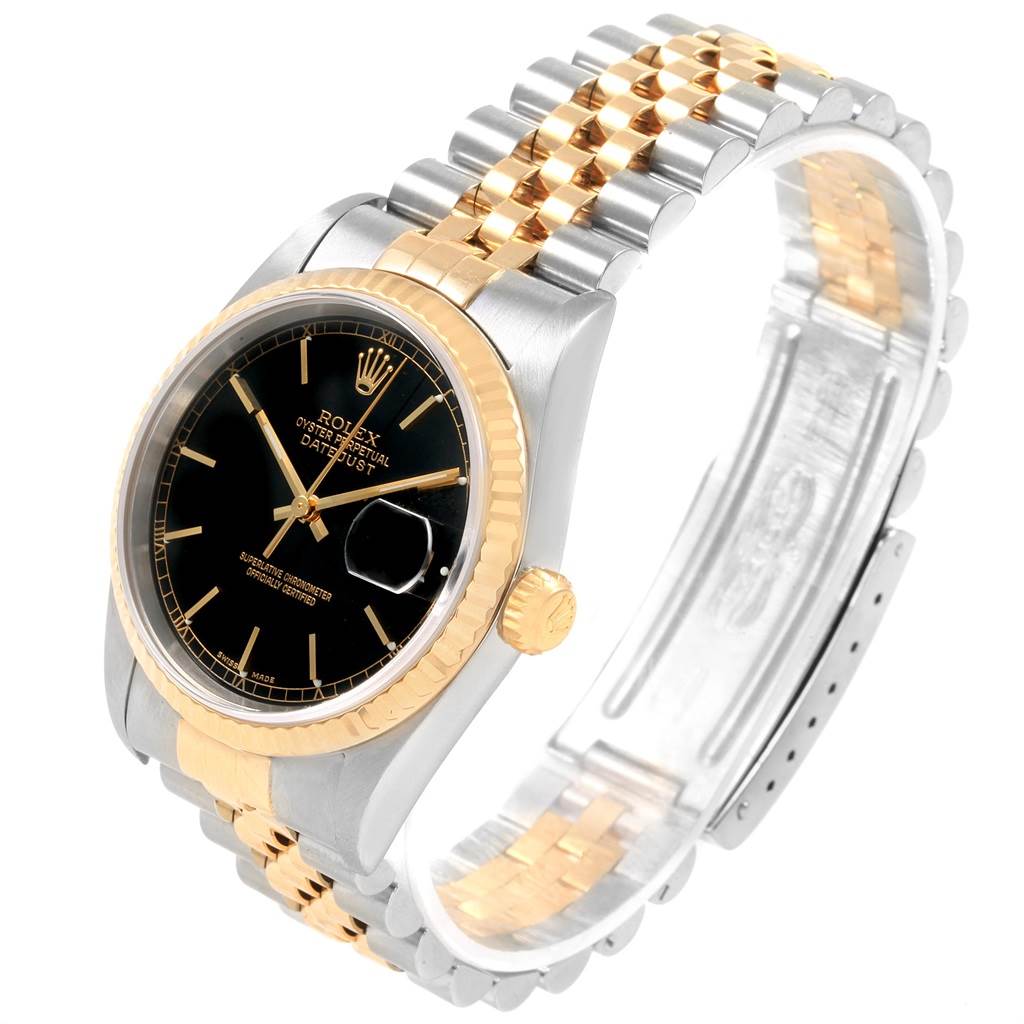 The image shows a Rolex Datejust 16233 Men's Steel and Gold (two tone) Black Dial 16233 Men's Steel and Gold (two tone) Black Dial watch at an angled view, highlighting its gold and silver bracelet, black dial, and gold bezel.