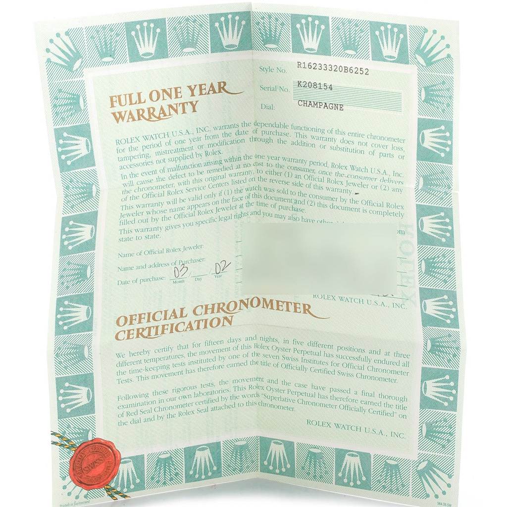 The image shows a full one-year warranty and official chronometer certification for a Rolex Datejust 16233 Men's Steel and Gold (two tone) Black Dial 16233 Men's Steel and Gold (two tone) Black Dial model watch.