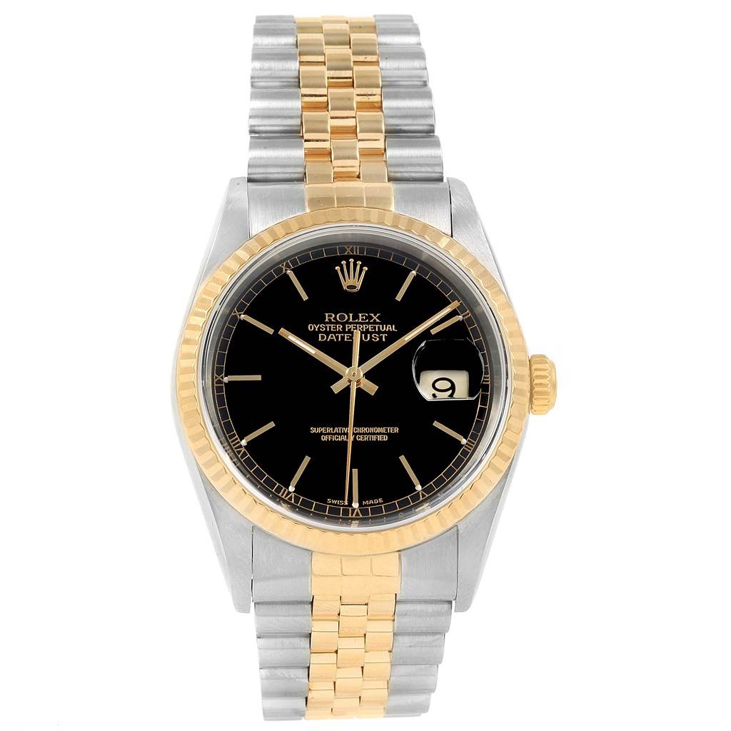 The image shows a front view of a Rolex Datejust 16233 Men's Steel and Gold (two tone) Black Dial 16233 Men's Steel and Gold (two tone) Black Dial watch with a black dial, fluted bezel, and two-tone Jubilee bracelet.