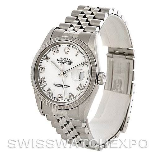 The image shows a Rolex Datejust 16220 Men's Stainless Steel White Dial 16220 Men's Stainless Steel White Dial watch from a three-quarter frontal angle, highlighting the face, bezel, case, and partially extended bracelet.