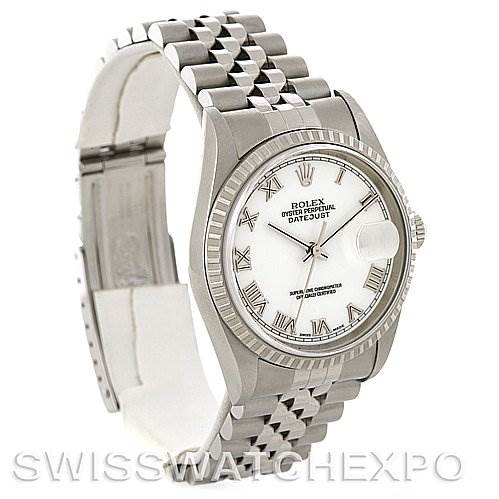 The Rolex Datejust 16220 Men's Stainless Steel White Dial 16220 Men's Stainless Steel White Dial watch is shown at a three-quarter angle, highlighting its bracelet, clasp, dial, and bezel.
