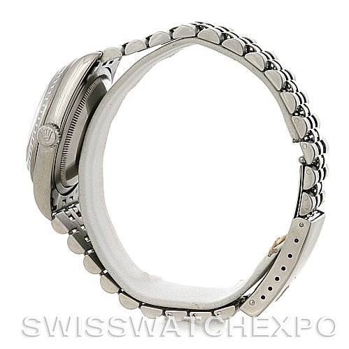 The image shows a side view of the Rolex Datejust 16220 Men's Stainless Steel White Dial 16220 Men's Stainless Steel White Dial watch, focusing on the bracelet, case, and partially on the crown.