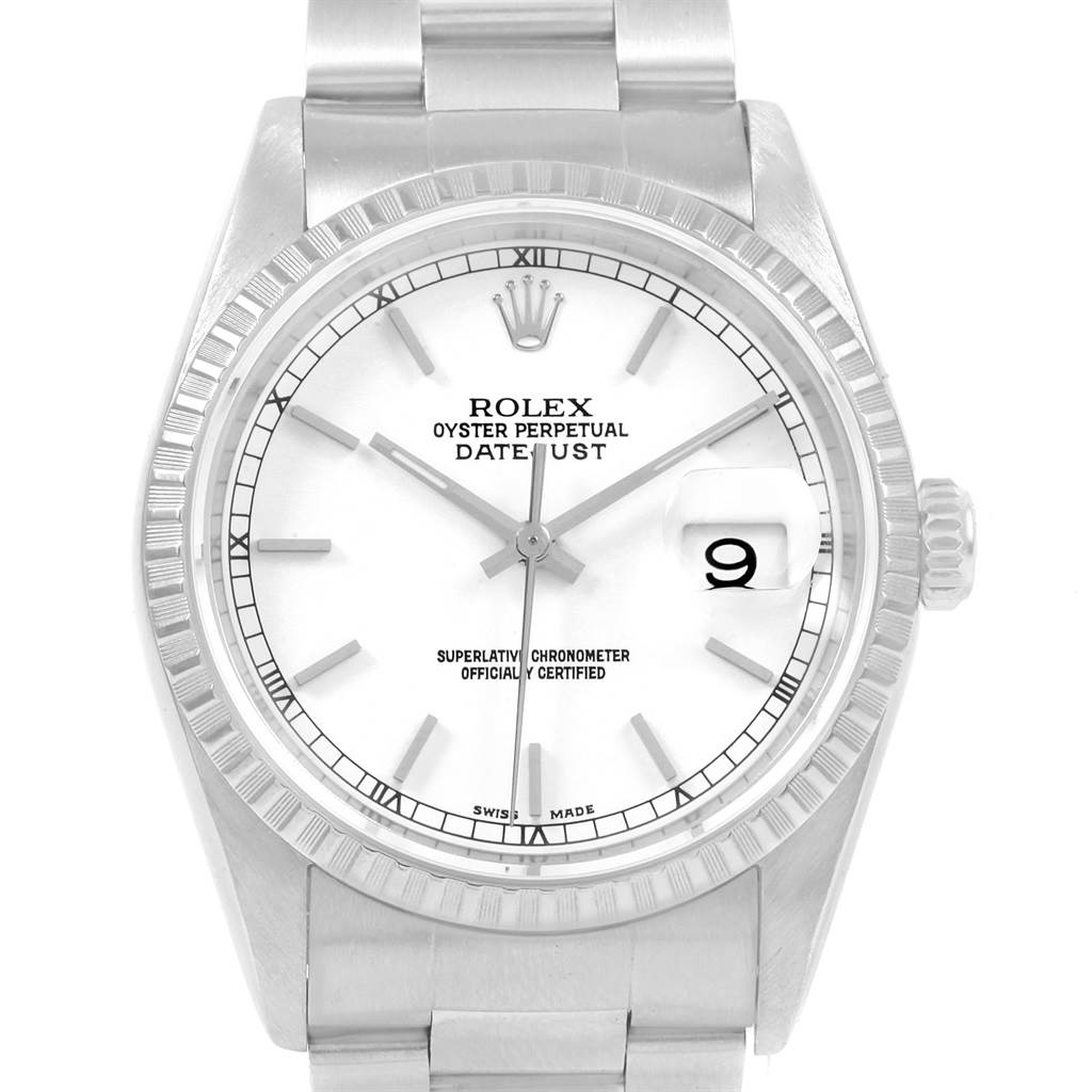 This image shows a frontal view of the Rolex Datejust 16220 Men's Stainless Steel White Dial 16220 Men's Stainless Steel White Dial watch, displaying its dial, hands, bezel, and part of the bracelet.