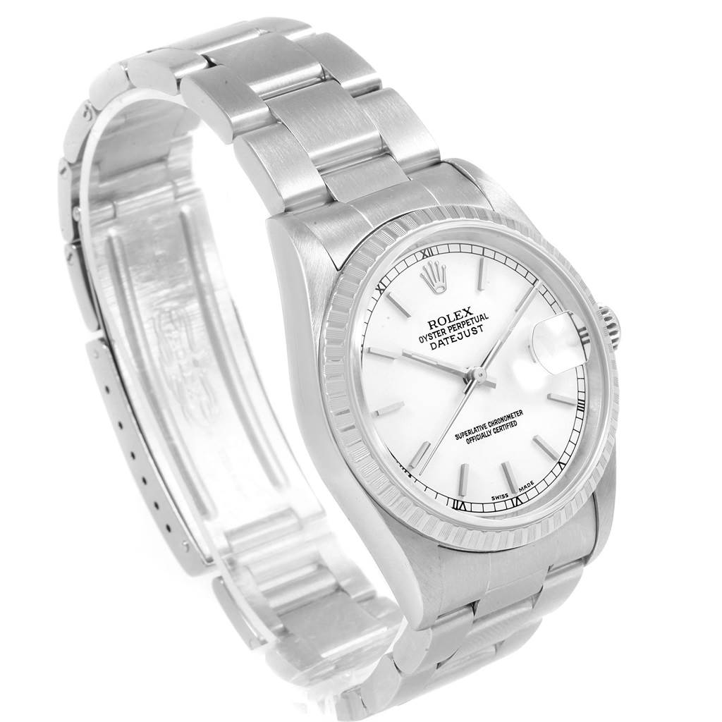 This image shows the Rolex Datejust 16220 Men's Stainless Steel White Dial 16220 Men's Stainless Steel White Dial watch from a slight side angle, revealing the face, bracelet, and clasp.