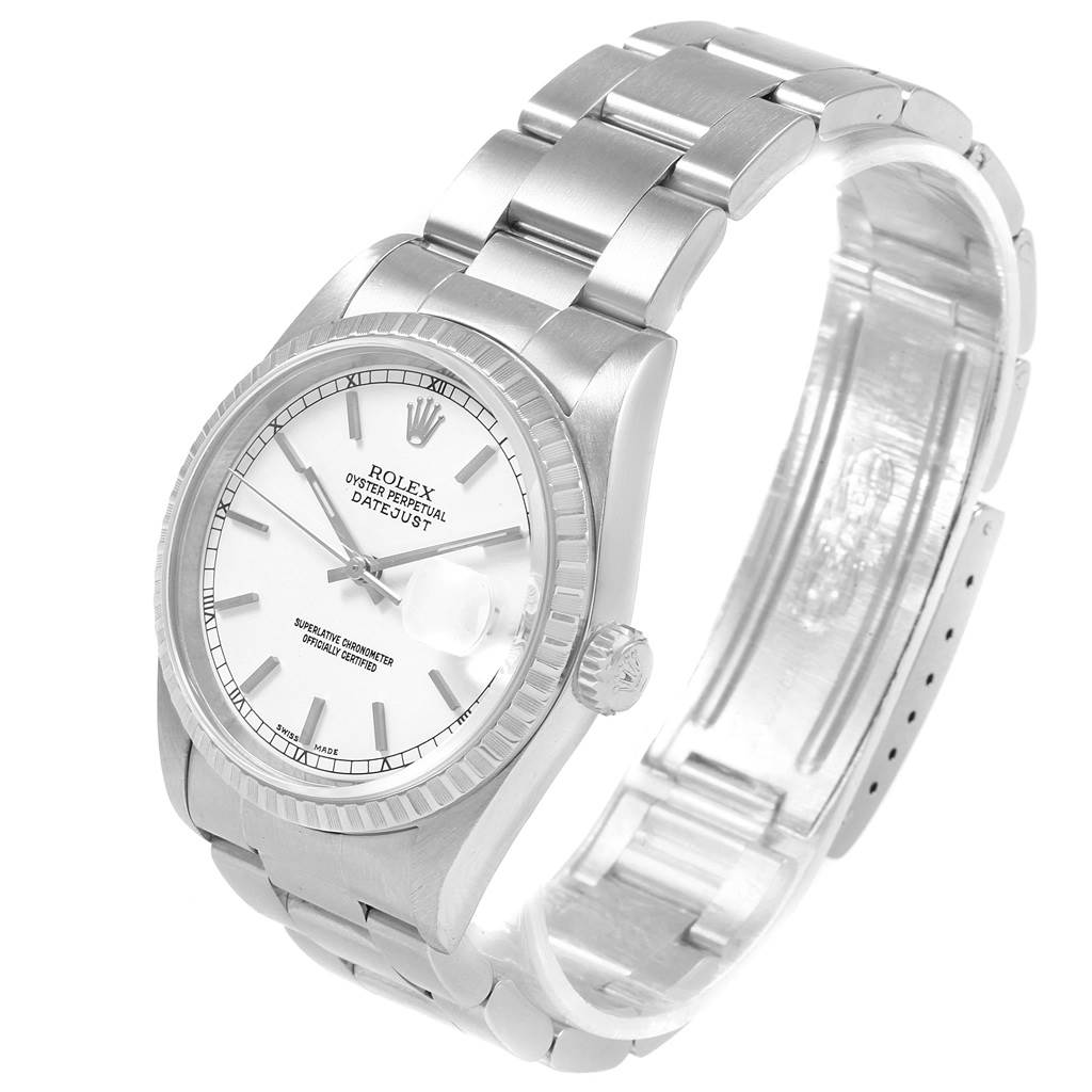 The image shows a Rolex Datejust 16220 Men's Stainless Steel White Dial 16220 Men's Stainless Steel White Dial watch at an angle highlighting its face, bezel, crown, and partially open bracelet.