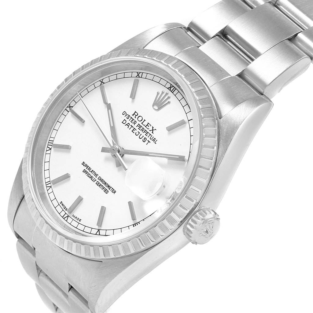 This is an angled view showing the face, bezel, and part of the band of the Rolex Datejust 16220 Men's Stainless Steel White Dial 16220 Men's Stainless Steel White Dial model watch.