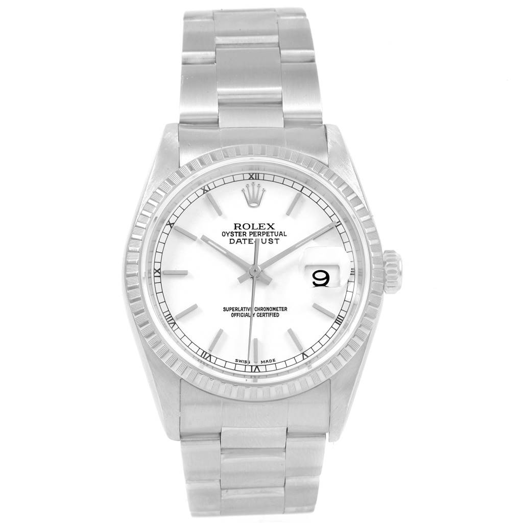 This image shows a front view of the Rolex Datejust 16220 Men's Stainless Steel White Dial 16220 Men's Stainless Steel White Dial watch, displaying the dial, bezel, and bracelet.