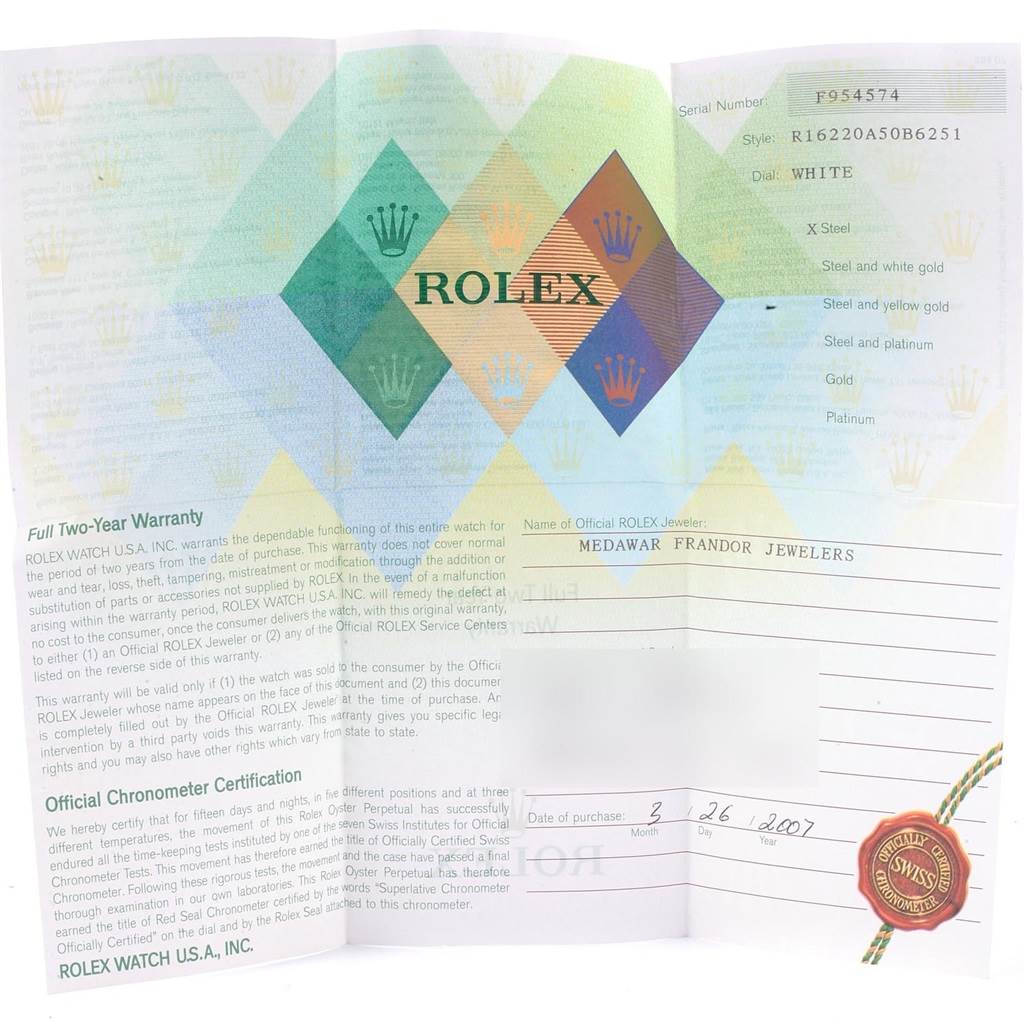 This image shows the warranty card and official chronometer certification for a Rolex Datejust 16220 Men's Stainless Steel White Dial 16220 Men's Stainless Steel White Dial watch, indicating model and purchase details.