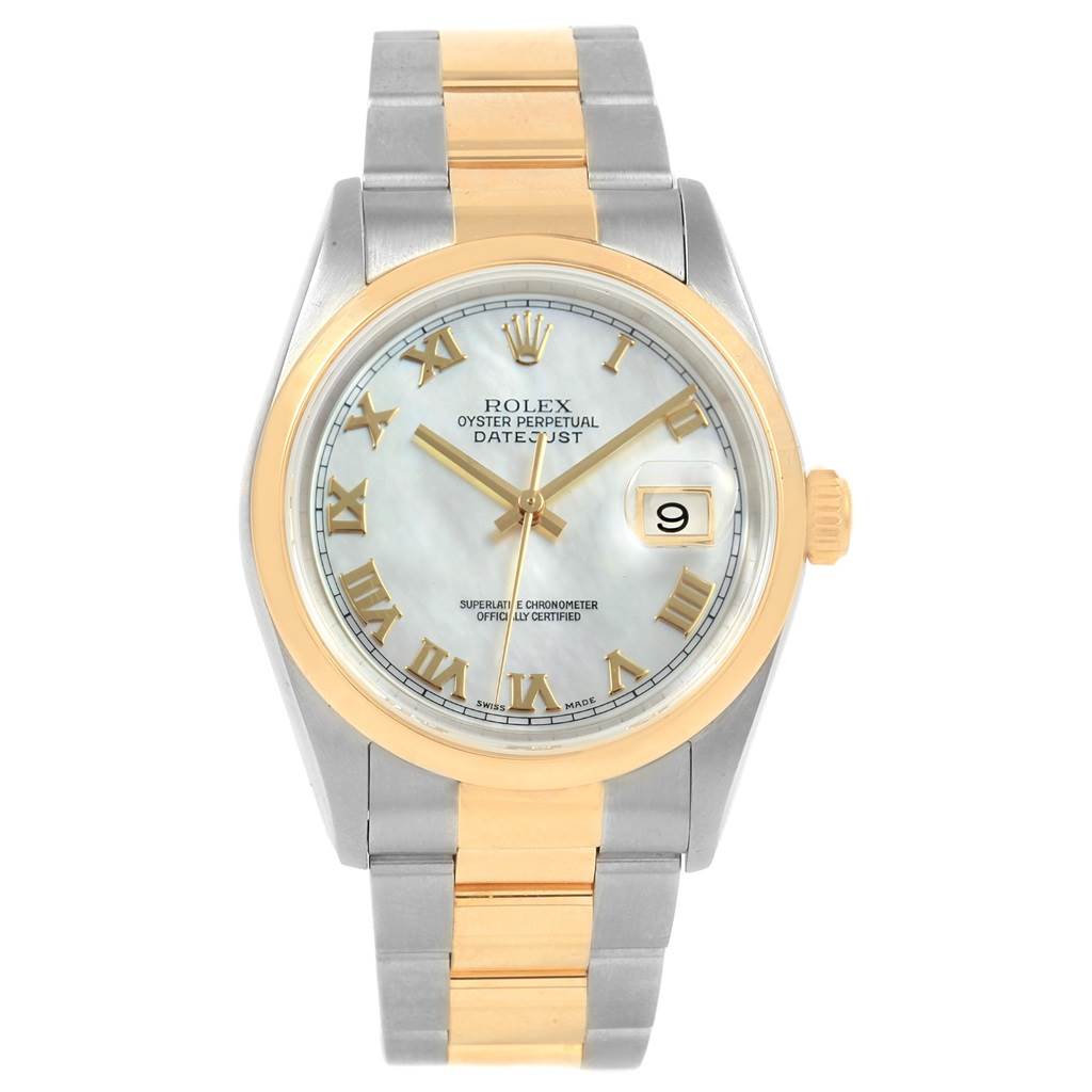 The Rolex Datejust 16203 Men's Steel and Gold (two tone) Mother of Pearl Dial 16203 Men's Steel and Gold (two tone) Mother of Pearl Dial watch is shown from a front angle, displaying the face, bezel, and bracelet.