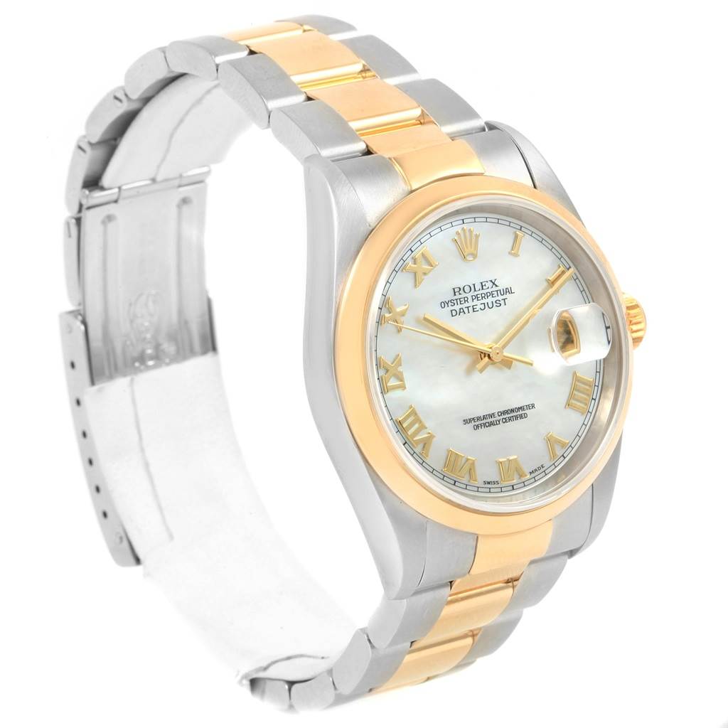 The Rolex Datejust 16203 Men's Steel and Gold (two tone) Mother of Pearl Dial 16203 Men's Steel and Gold (two tone) Mother of Pearl Dial watch is shown at an angled view highlighting its dial, bracelet, crown, and two-tone design.