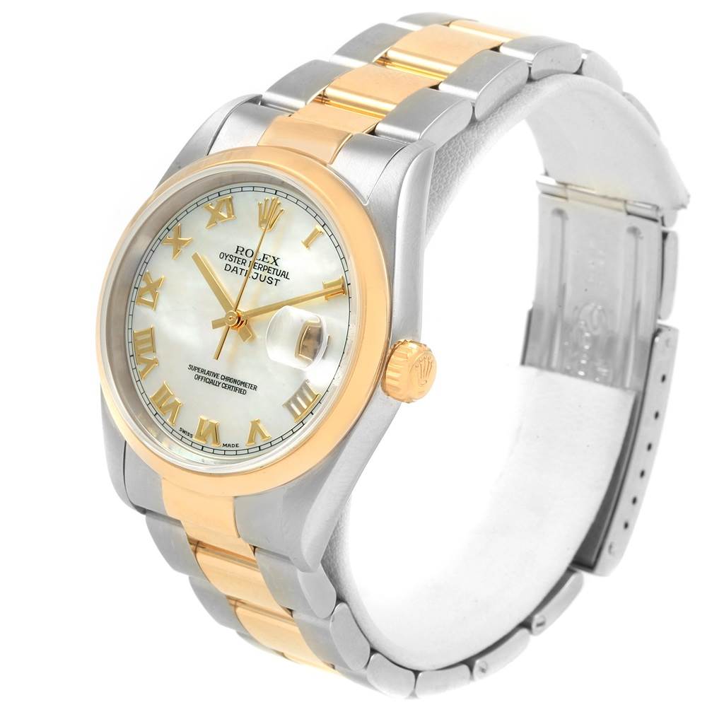 The image shows a Rolex Datejust 16203 Men's Steel and Gold (two tone) Mother of Pearl Dial 16203 Men's Steel and Gold (two tone) Mother of Pearl Dial watch at a three-quarter angle, highlighting the dial, bezel, crown, and two-tone bracelet.