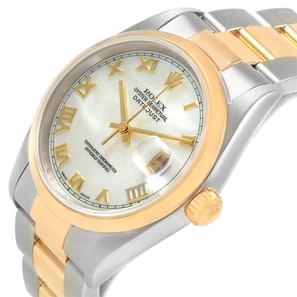 This image shows a Rolex Datejust 16203 Men's Steel and Gold (two tone) Mother of Pearl Dial 16203 Men's Steel and Gold (two tone) Mother of Pearl Dial watch at an angled side view, focusing on the dial, bezel, crown, and part of the bracelet.