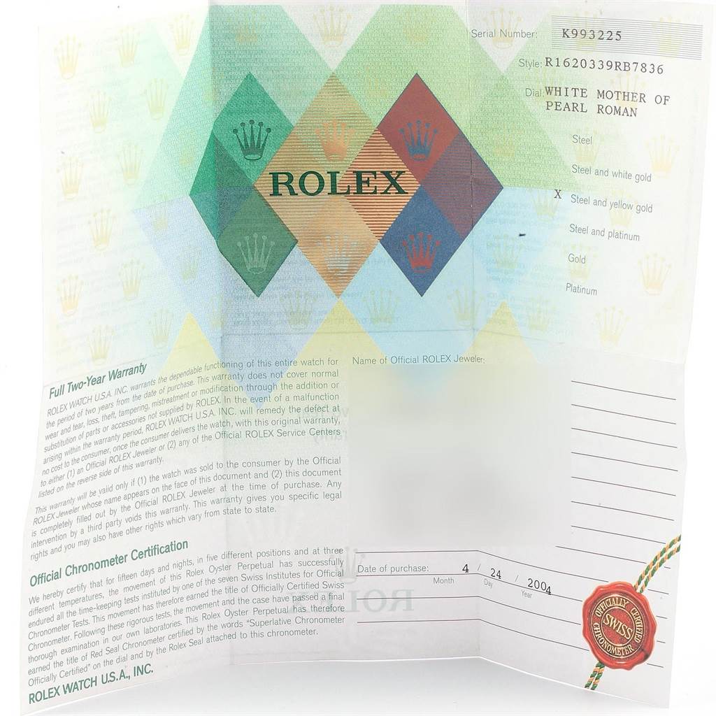 This image shows a warranty card for the Rolex Datejust 16203 Men's Steel and Gold (two tone) Mother of Pearl Dial 16203 Men's Steel and Gold (two tone) Mother of Pearl Dial, displaying details like the serial number, style, and purchase date.