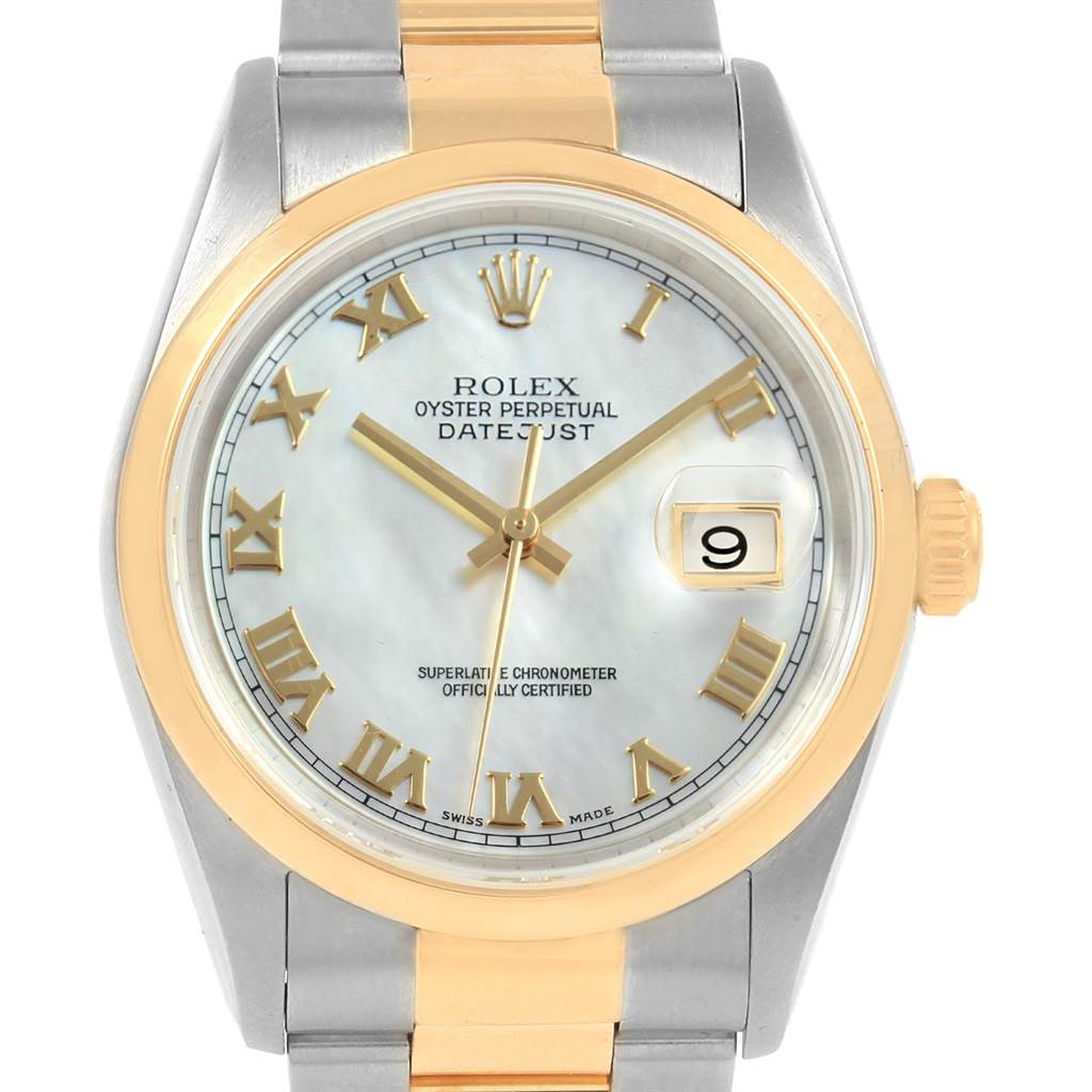 This image shows a close-up, front view of a Rolex Datejust 16203 Men's Steel and Gold (two tone) Mother of Pearl Dial 16203 Men's Steel and Gold (two tone) Mother of Pearl Dial watch, highlighting its dial, bezel, and bracelet.