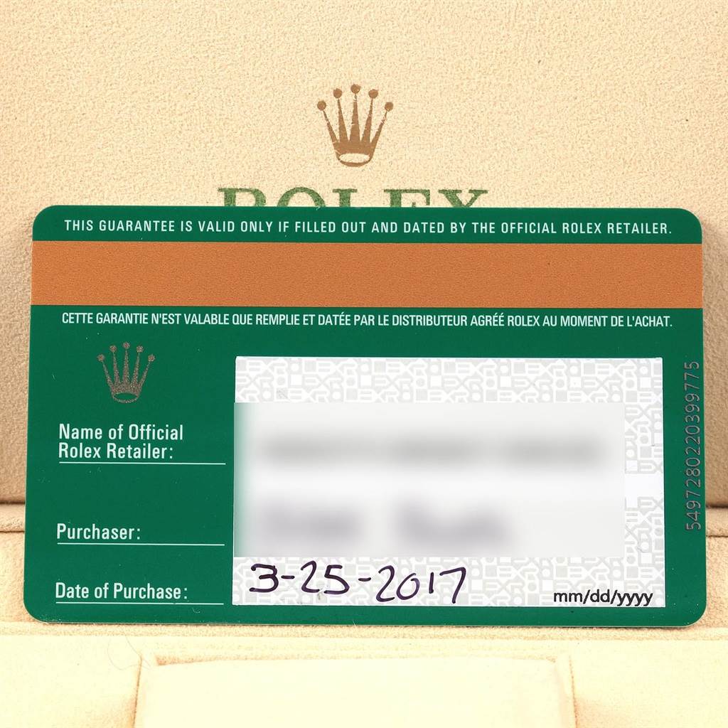 The image shows a warranty card for a Rolex Datejust 116233 Men
s Stainless Steel Black Dial 116233 Men
s Stainless Steel Black Dial watch with purchase details and retailer information.